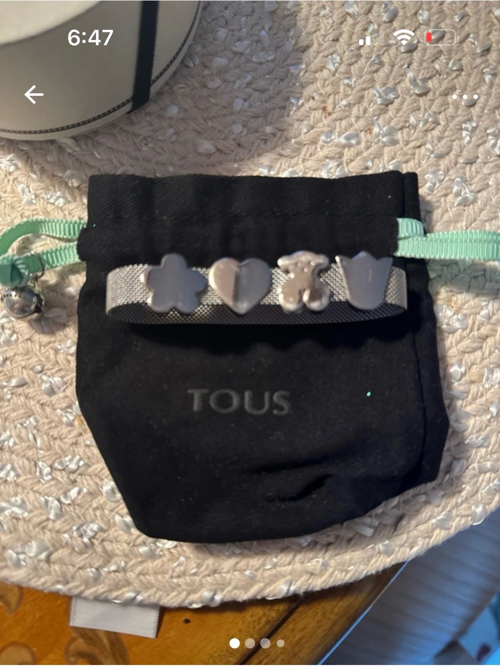 TOUS Silver Mesh Bracelet with Mint Drawstring Pouch